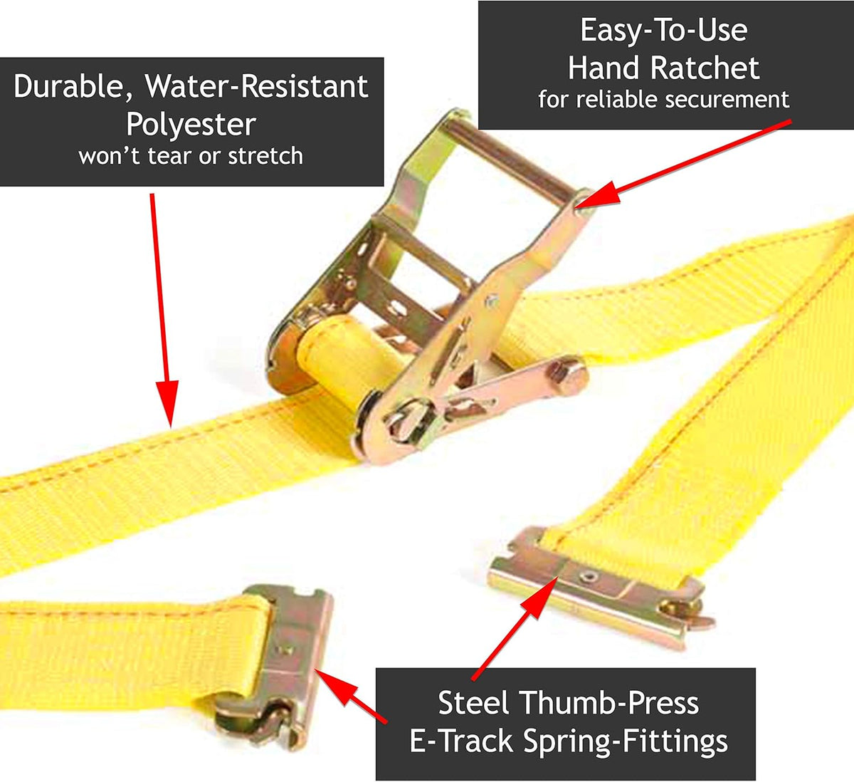 2 x 12 Heavy Duty Yellow Polyester Ratcheting Tie-Down Straps with E-Track Spring Fittings P7150