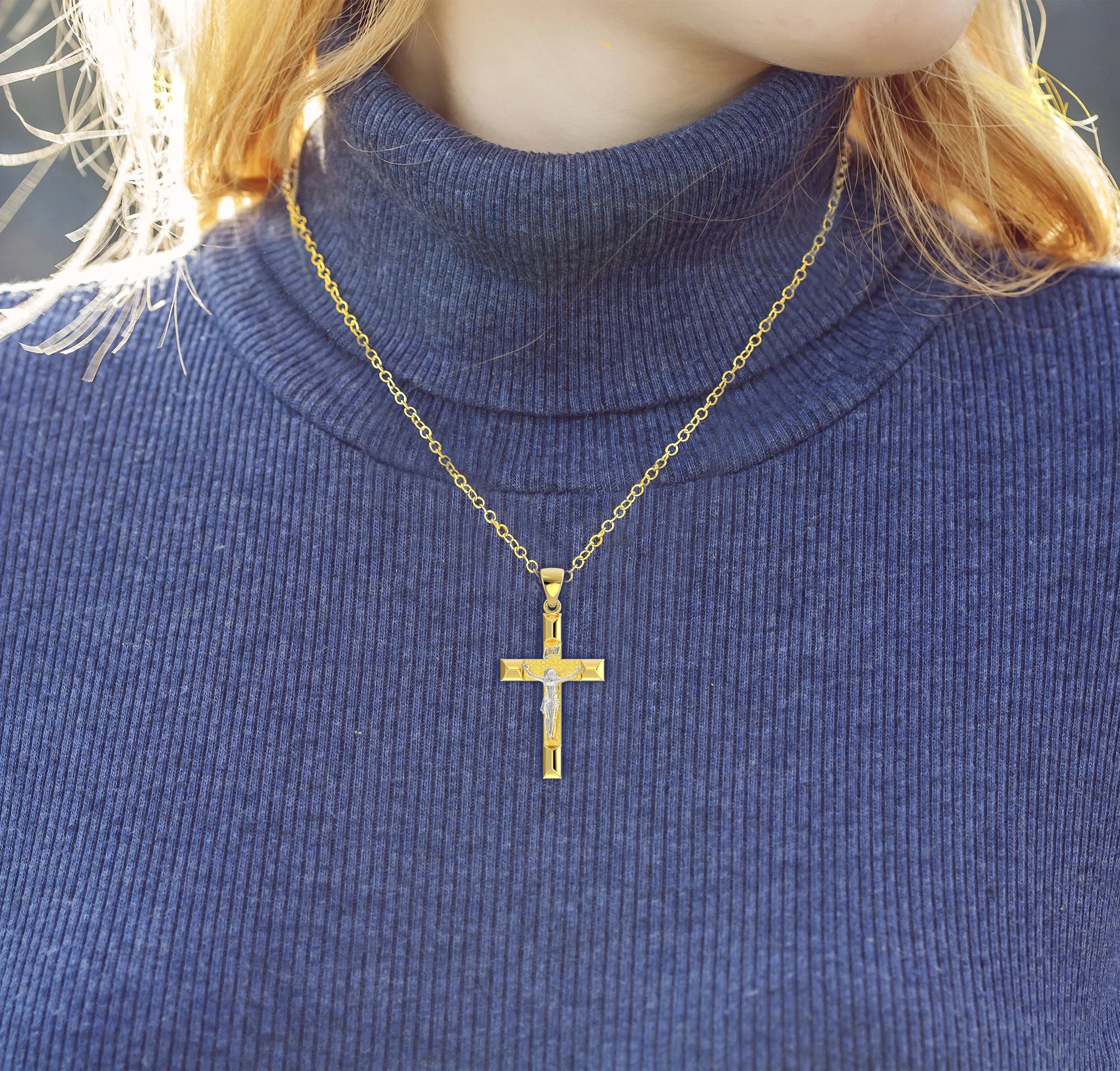 14k Yellow Gold Cross Pendant Necklace, 32mm C925