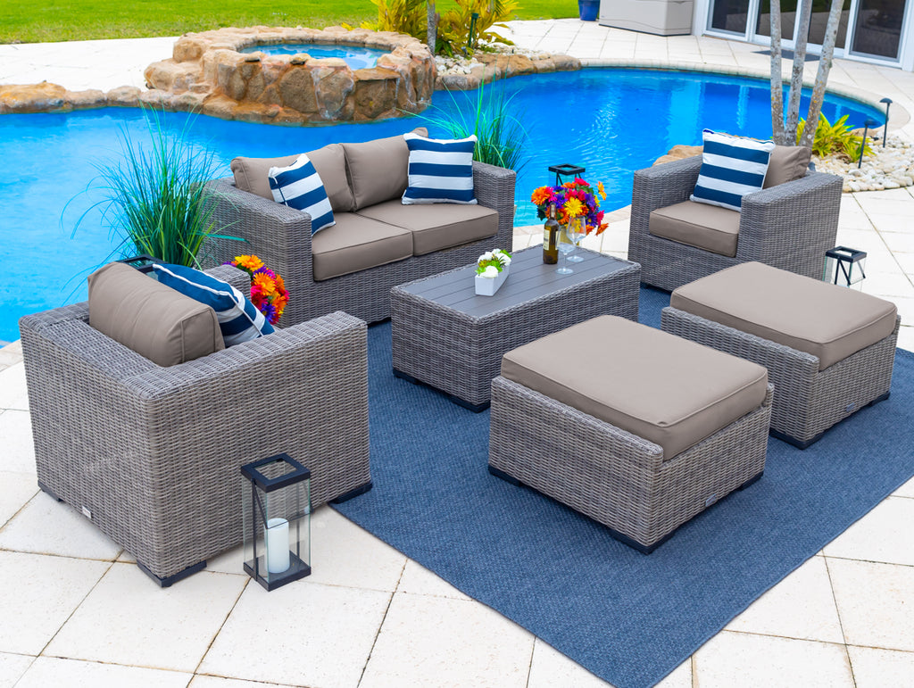 6-Piece Resin Wicker Outdoor Patio Furniture Lounge Sofa Set with Loveseat, Two Armchairs, Two Ottomans, and Coffee Table M270
