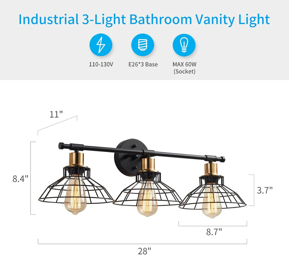 3-Light Black Metal Wall Mounted Bath Vanity Light K8887