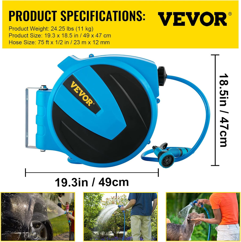Retractable Wall Mounted Garden Hose Reel, 1/2 inch x 75 ft, Blue T909643