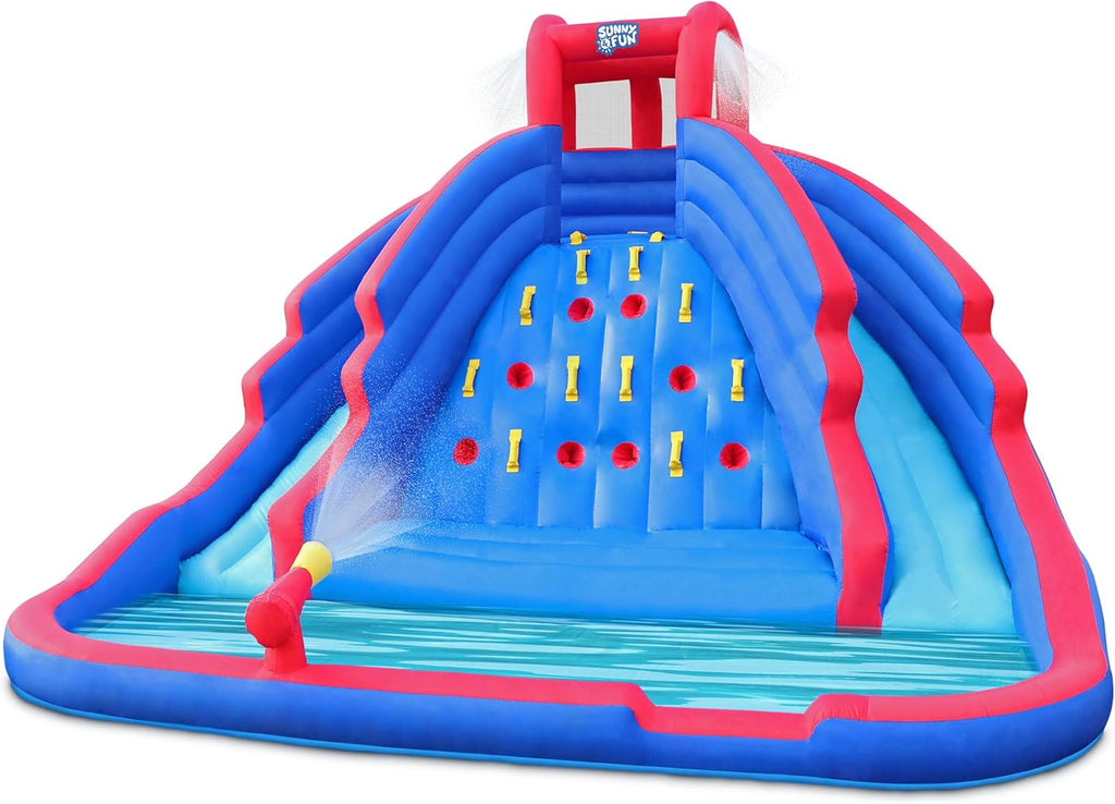 Inflatable Water Slide Park with Climbing Wall, Two Slides & Splash Pool, Nylon, with Air Pump & Carrying Case N60220