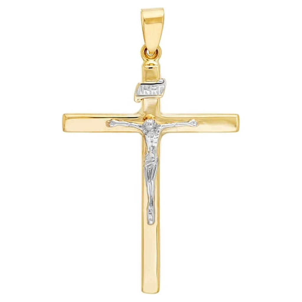 14k Yellow and White Gold Square Tube Cross Pendant Necklace J8837
