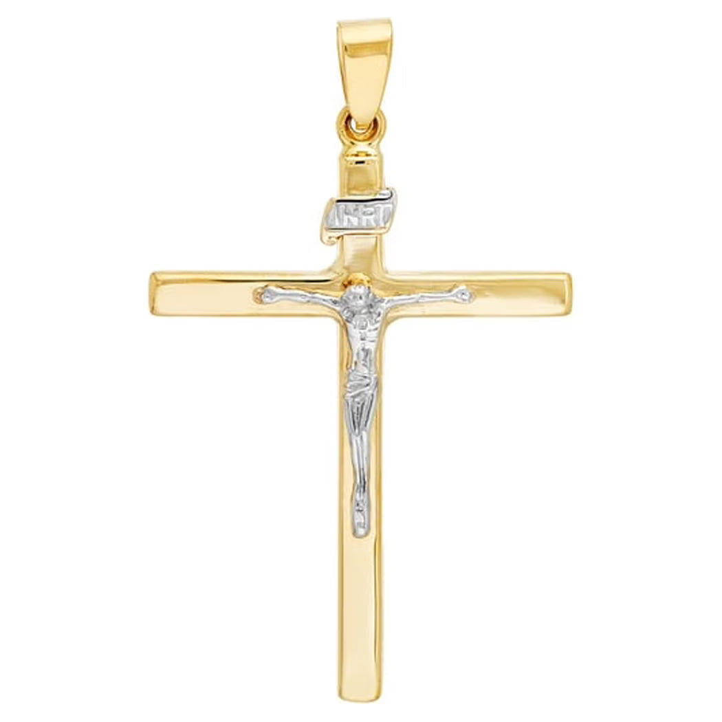 14k Yellow and White Gold Square Tube Cross Pendant Necklace J8837