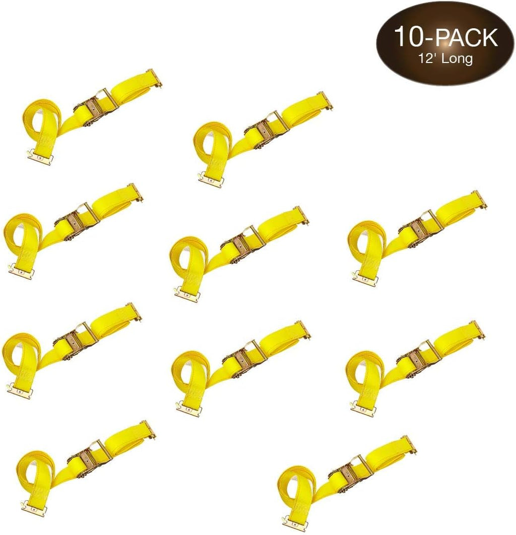 2 x 12 Heavy Duty Yellow Polyester Ratcheting Tie-Down Straps with E-Track Spring Fittings P7150