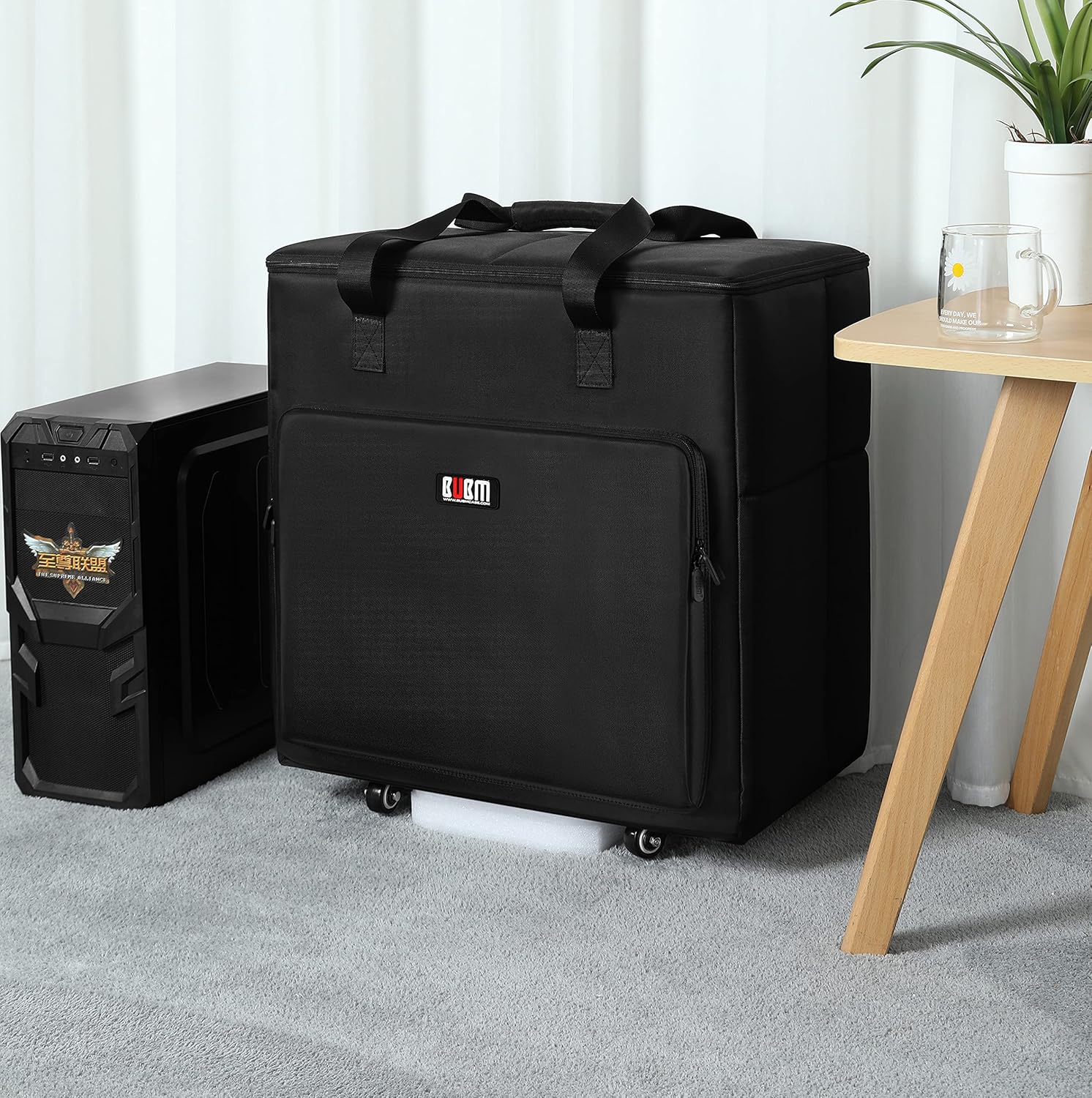 Black Desktop Computer Tower PC Carrying Case Travel Storage Bag with Wheels O9742