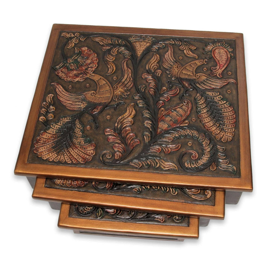 Tooled Leather Wood Side Table (Set of 3) D9936