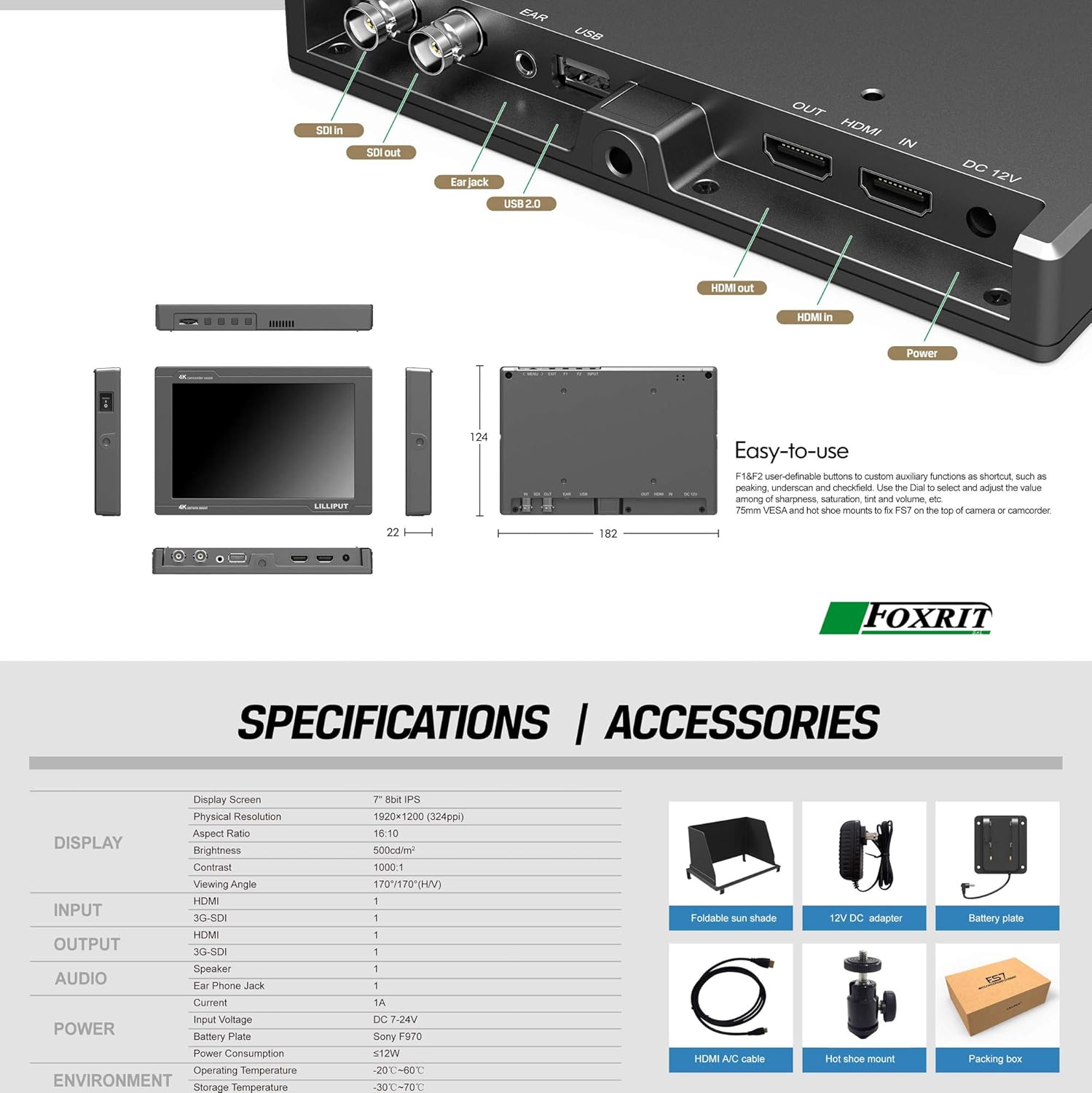 7 inch Full HD 1920x1200 4K HDMI 3G-SDI On Camera Field Display Monitor with Battery and Charger I6812